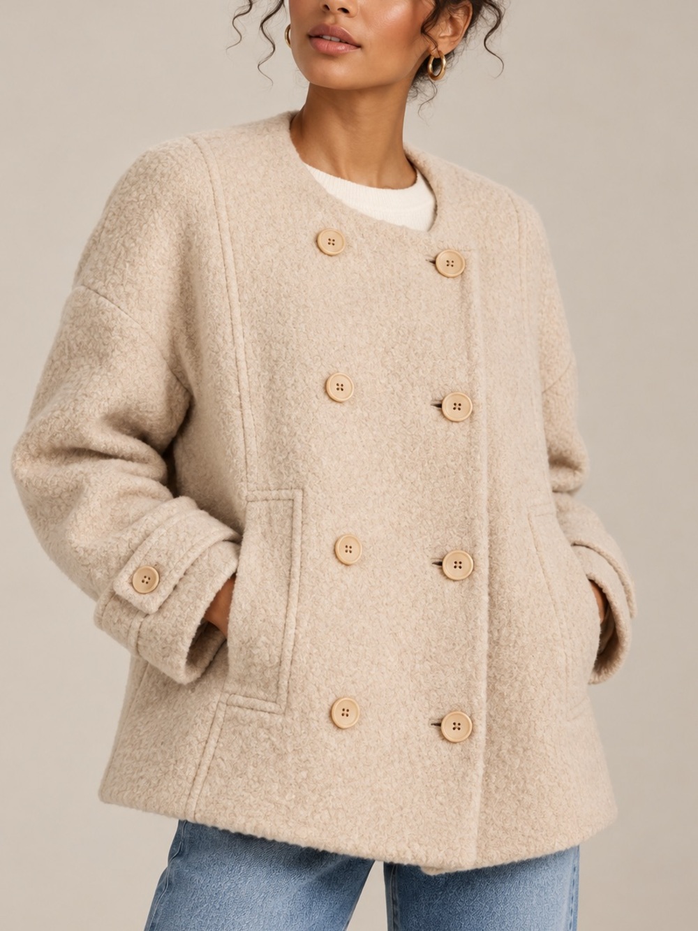 Maeve Anthropologie Wool Boucle Coat Ivory Double Breasted Peacoat Cream M NWT